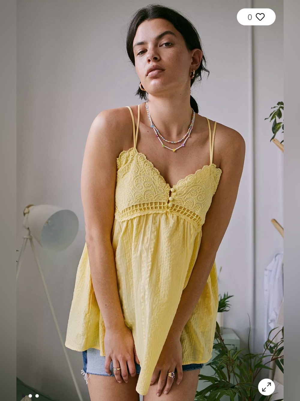Urban Outfitters Yellow Lace-Detail Spaghetti Strap Cami with pockets